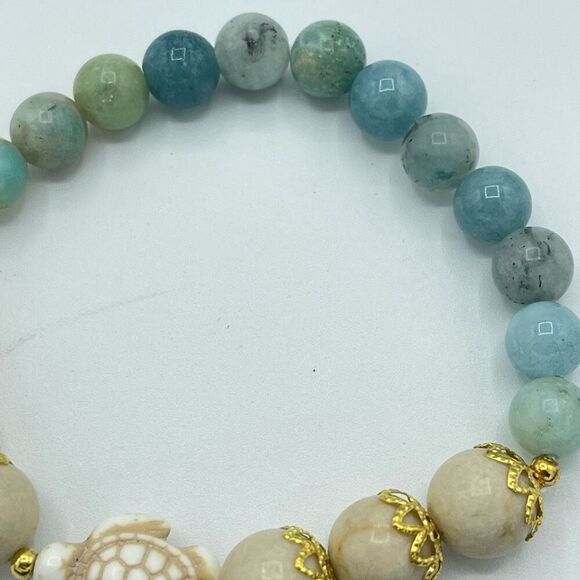 Crystal beaded stretch bracelet ONE NEW white jade turtle Amazonite meditation y - Picture 2 of 9